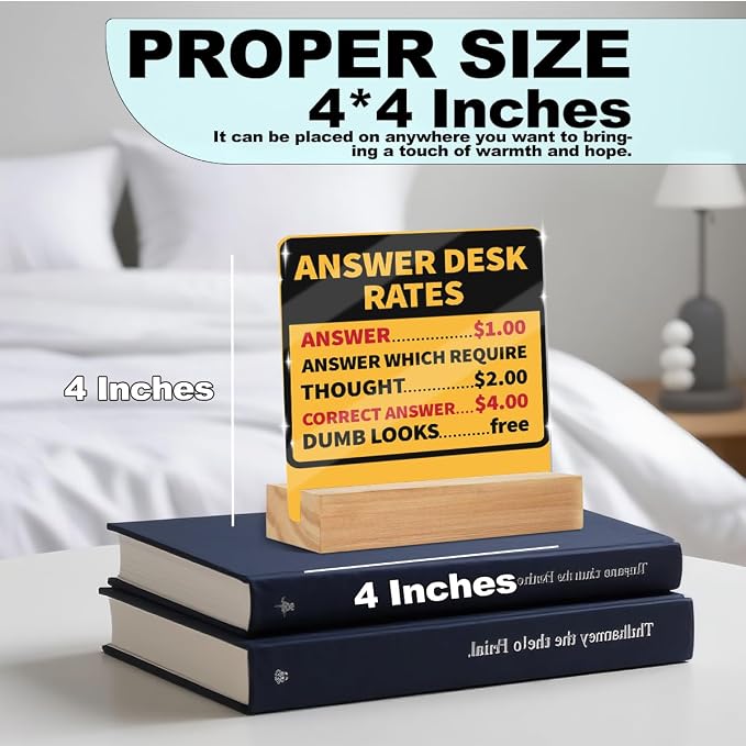 Funny Team Office Gifts Answer Desk Rates Sign Acrylic With Wooden Stand | Gag Fun Gifts for Coworker Employee Boss, Office Sign Tabletop Decor Desk Accessories Christmas Birthday Gift