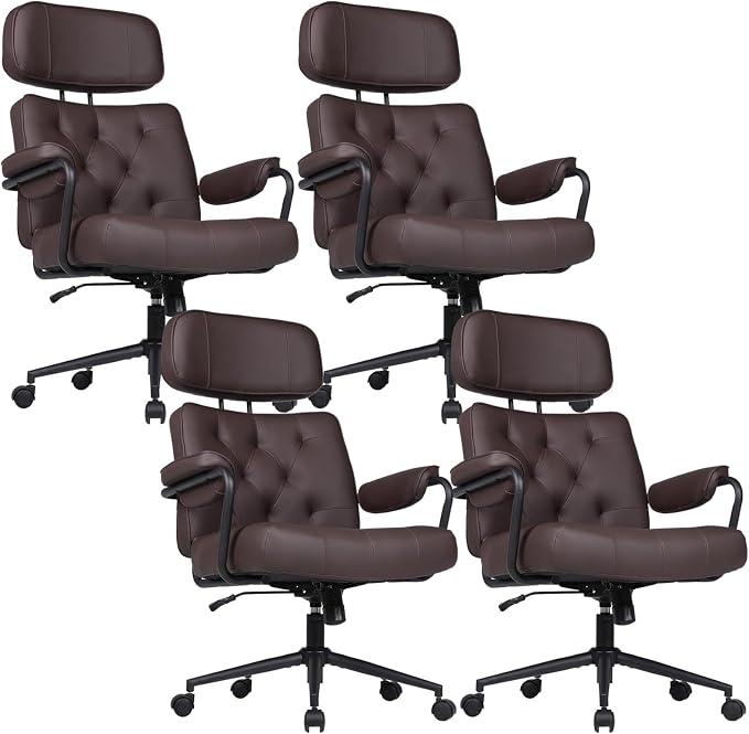 Mid Century Modern Home Office Desk Chair, Ergonomic Office Chair Big and Tall, High Back Executive Office Chair Leather Extra Wide, Computer Chair Comfy, Adjustable Height Rolling Chair, Brown 4PC