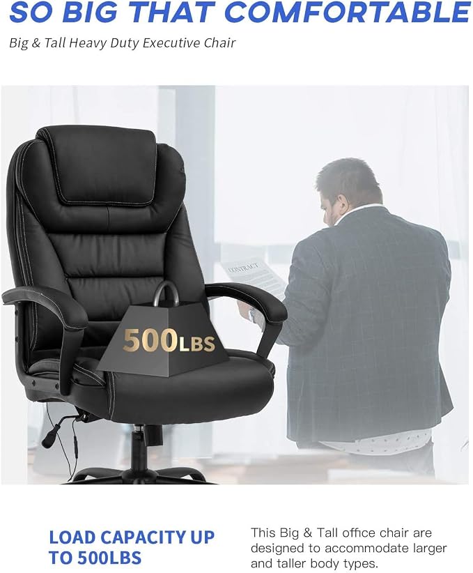 Big & Tall Home Office Chair Desk Chair Executive Chair 500LBS Ergonomic High Back Leather Computer Chair with Lumbar Support Headrest Massasge Height Adjustable Swivel Task Chair for Adult Women Men