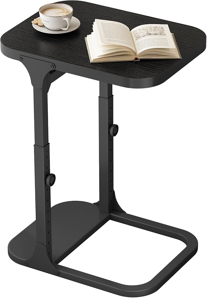 Kitstorack Height Adjustable End Table, Small Side Table for Couch, Sofa Table with Metal Frame for Living Room, Bedroom, Bedside C Shaped Table,Black