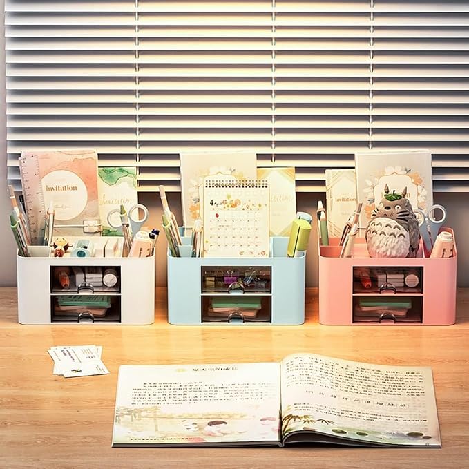 Stationary Organiser 7-Grid Desk Organizer with Drawer – Multifunctional Plastic Table Organizer & Pen Holder for School, Office, and Home (White)
