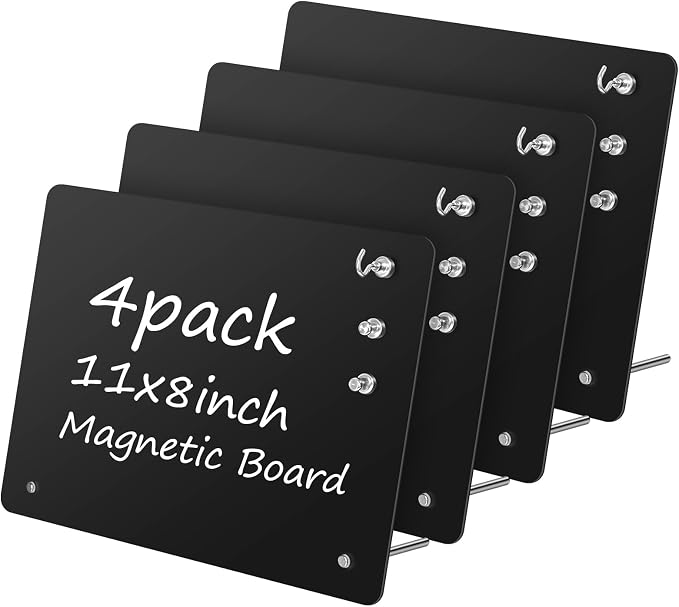 Magnetic Metal Display Bulletin Board, 4 Pack, Black Horizontal | 11x8 Inch, Includes 12 Magnets, For Memos Messages Photos, Home School Kitchen Office