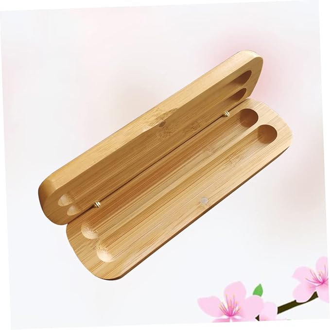 Bamboo Pen Box with Two Pen Slots - Eco-Friendly Wooden Pencil Case Organizer for Desk Supplies and Stationery Storage at Home and Office