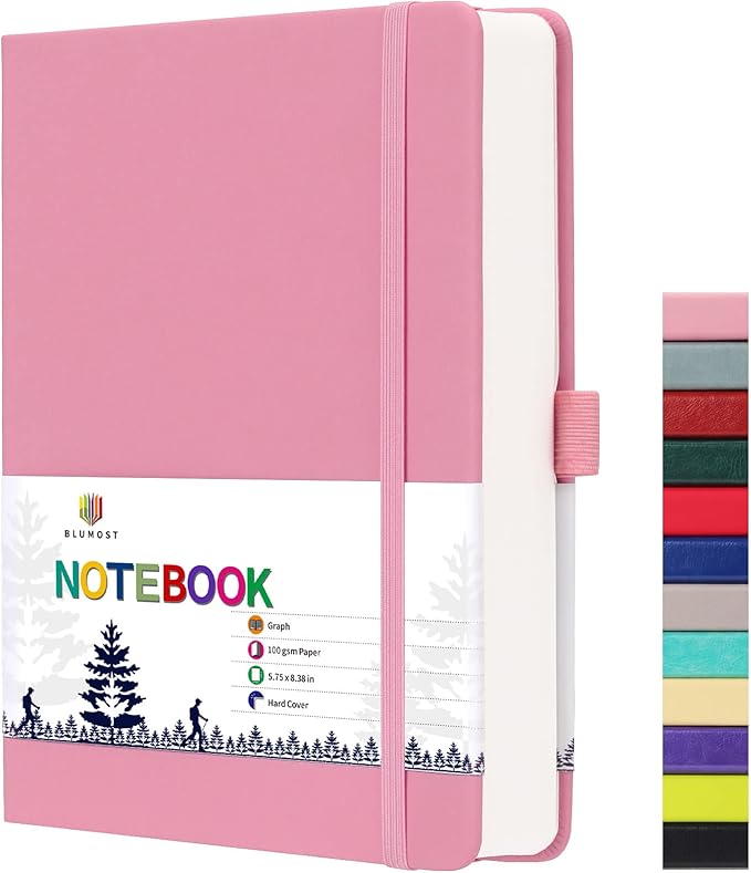 Graph Paper Notebook with 280 Pages,A5 Grid Paper Notebook/Journal,100gsm Thick Graph Leather Journal for Math Science Students,5.75'' × 8.38''-Pink