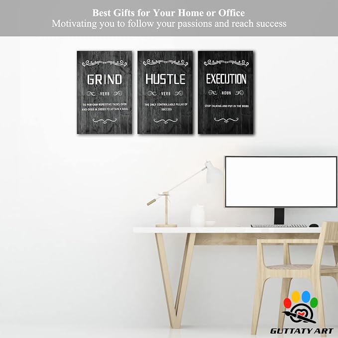 Office Wall Art - 3 Panel Motivational Wall Art, Inspirational Quotes Canvas Art for Home Office Wall Decor, Positive Quotes Wall Decor, Entrepreneur Grind Hustle Execution Poster Frame (12”x24”x3Pcs)