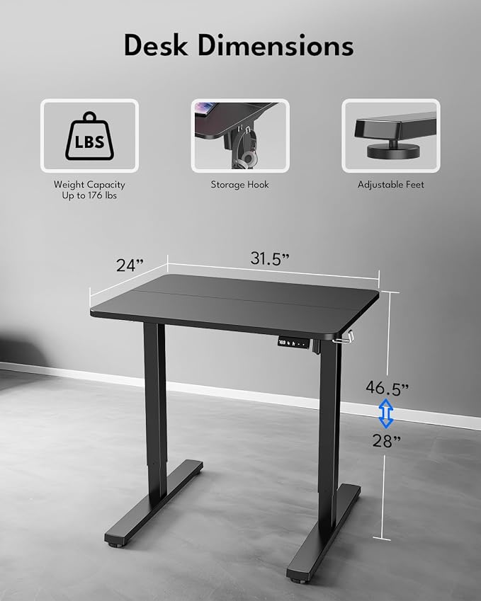 Small Electric Standing Desk, Gaming Desk, 31.5x24 Inch, Black | Height Adjustable Computer Desk with Smart Controller, Sit and Stand Up Table for Home, Office, Work, Study, Writing