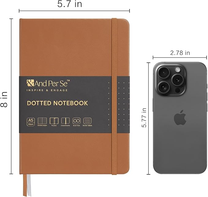 &And Per Se Dotted Journal Notebook, A5 Hardcover Leather Dotted Journal, 160 Pages 100gsm Thick Dot Grid Paper, 3 Sheets of Stickers Included - 5.7'' x 8'' (Light Brown)