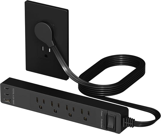 LIDER Outlet Extender with 4 Receptacles, USB-A & 2 USB-C, 45 Degree Angle Ultra-Thin Flat-Plug, 4-Outlet Power Strip, Surge Protector 1500 Joules, 5ft Cord, 1250W, ETL Listed, Matte Black