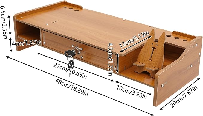 Wood Monitor Riser Drawer with Lock Computer Laptop PC Stand Desk Organizer