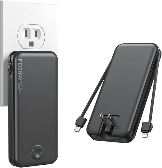 Nusyddy Portable Charger 10000mAh PD20W w/Built-in Cables & Wall Plug Black | PD20W Fast Charging, Battery Indicator, Pass Through Charging, TSA Approved, Compact/Slim, Power Bank for iPhone/iPad/Samsung