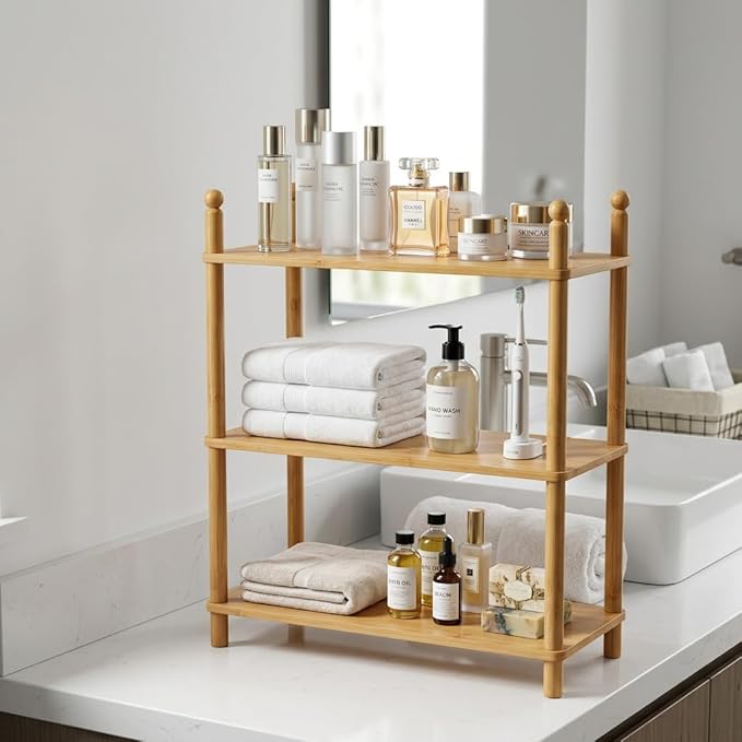 3-Tier Expandable Bamboo Desktop Organizer Shelf Kitchen Cabinet and Counter Riser Display Shelf for Top of Desk Home Office Bathroom Coffee Table Display Stand