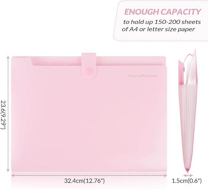 SKYDUE Accordion File Organizer, Expanding File Folder with 8 Pockets, Portable Document Paper Organizer, Letter/A4 Size Filing Folder，School Office Supplies Hospital Bag Essentials Pink