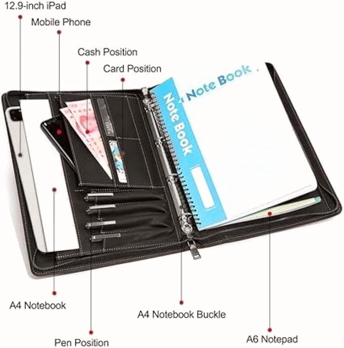 Zippered Padfolio Organizer, Leather Planner Binder, 12.9 Inch Portfolio Folder for Documents, Letter Size Business Card Tablet Document Holder for Men&Women