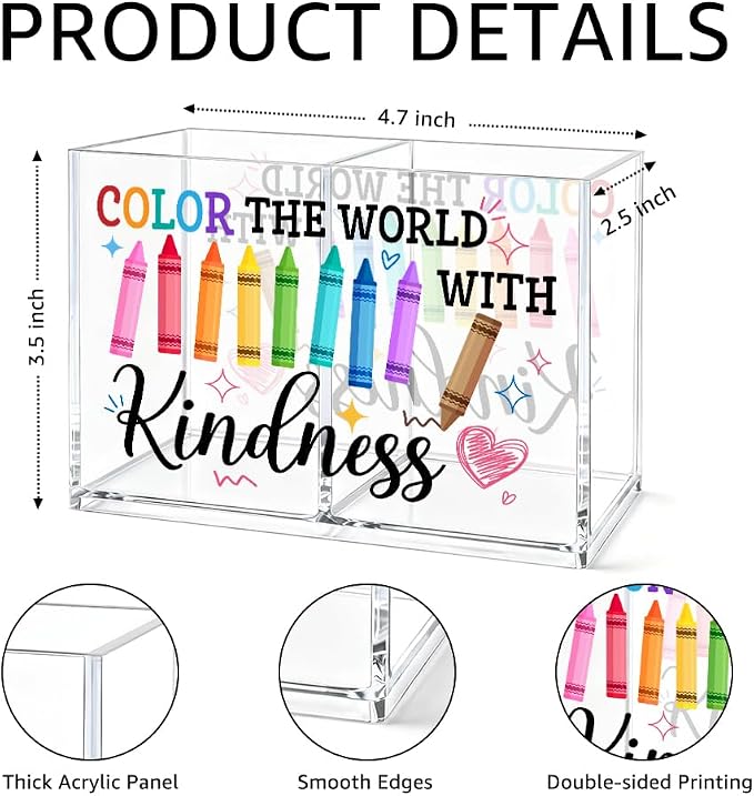 Color The World With Kindness Cosmetic Organizer Pen Holder, Be Kind Pencil Holder 2 Compartments, Kindness Office Desk Accessory for Teacher, Office Back to School Gifts for Counselor Mentor