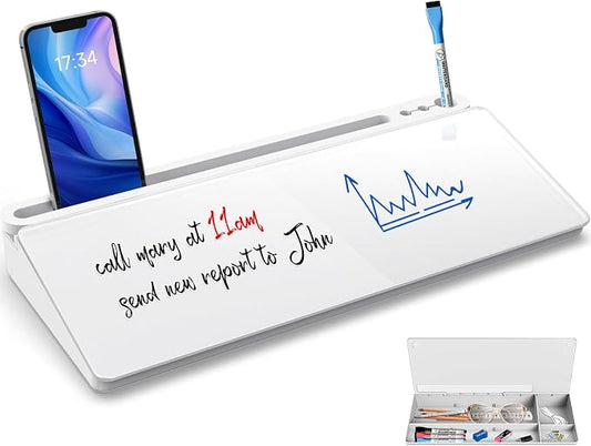Glass Desktop Whiteboard with Storage, 16"x7" with 3 Markers | Desk Dry Erase Board for Quick-Note Replace Sticky-Notes, Small White Boards Organizer for Home Office as to Do List Memo