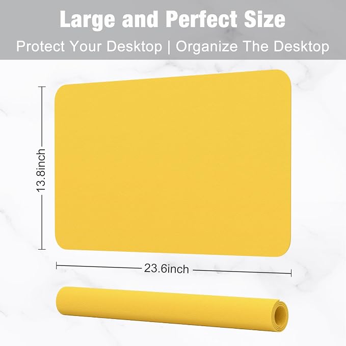 Hsurbtra Desk Pad, 23.6" x 13.8" PU Leather Desk Mat, M Extended Mouse Pad, Waterproof Desktop Blotter Protector, Non-Slip Ultra Thin Small Laptop Keyboard Writing Mat for Office Home, Yellow