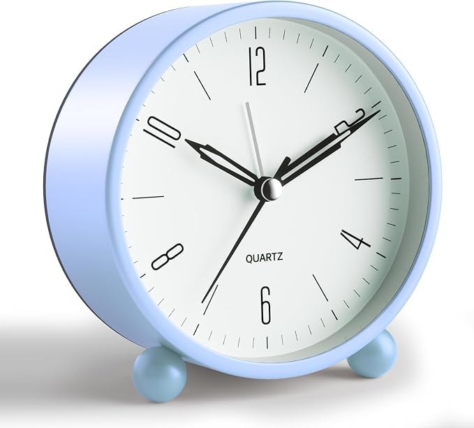 Analog Alarm Clock, 4 inch Super Silent Non Ticking Small Clock with Night Light, Battery Operated, Simple Design, Old fashioned Style SkyBlue decor, for Bedroom, Bedside, Desk, Adult, Gift, Blue