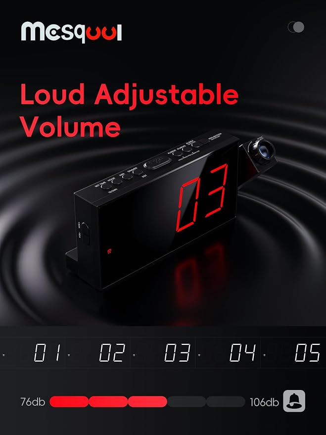 Mesqool Digital Projection Alarm Clock with Dual Alarms, 5 Levels Dimmer | 180° Rotatable Projector,12/24H & DST, Large LED, Snooze, with Battery Backup, Loud Alarm Perfect for Heavy Sleepers