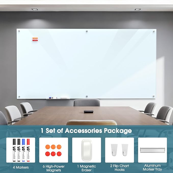 MaxGear 96" x 48" Glass Whiteboard Wall Mounted for Office Home Classroom | Magnetic Glass Dry Erase Board, Tempered Glass, Steel Backed, Non-Porous Surface, Frameless Design, Hardware Included