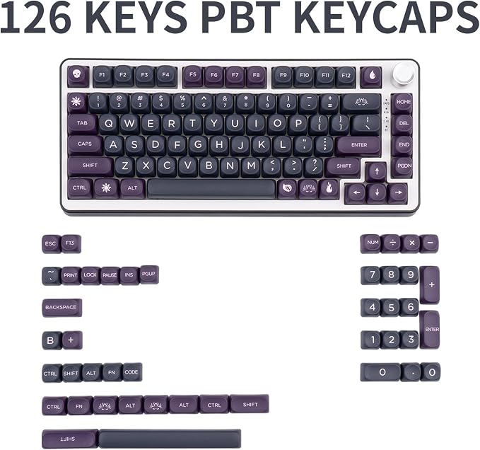 PBT Keycaps 126 Keys MOA Profile Keycap Black Purple Custom Keyboard Keycaps Set 5 Side Dye Sublimation Key caps for Cherry Gateron MX Switches Keyboards