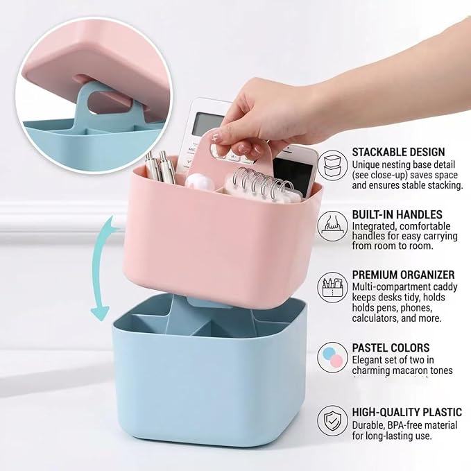 Stackable Portable Handheld Organiser, Multi-Purpose Desktop Divider Organiser Basket for Crafts or School Supplies Desk, Office, Stationery Pencil Holder, Dorm Room(Blue)
