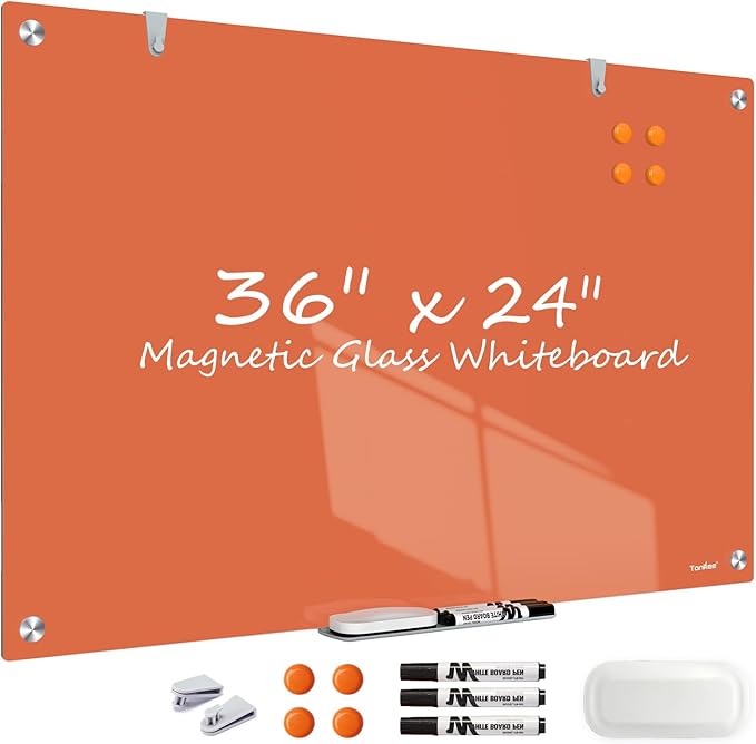 Glass Dry Erase Board for Wall, 36x24 Inches Magnetic Glass Whiteboard, Orange Frameless White Board for Office School Classroom Home, 3x2 Feet Large Whiteboard Wall Mounted