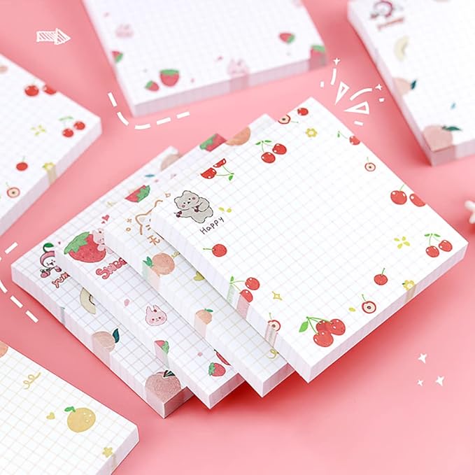 4 Pack Cute Sticky Notes Kawaii Sticky Notes Memo Pad 3.1x3.1 Inches Self-Stick Note Pads Colorful Fruit Sticky Note Pads for Girls DIY Office Home School (320 Sheets), 4 Pads 80 Sheets/Pad