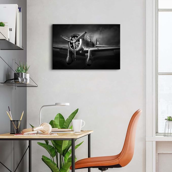 Vintage Airplane Wall Art for Living Room Black and White Propeller Aircraft Pictures Wall Decor Boys Room Decorations Plane Engine Canvas Prints Aviation Military Artwork Bedroom Home Office 16x24"