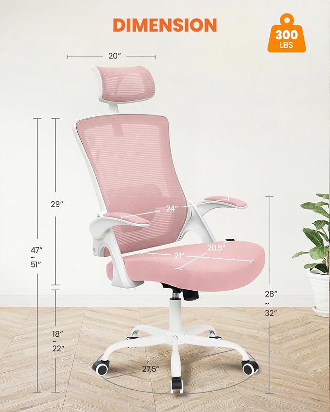 NEO CHAIR Office Chair High Back Desk Mesh Chair Comfy Computer Gaming Seat with Adjustable Ergonomic Headrest Lumbar Rolling Flip-up Armrests and Wheels (Pink)