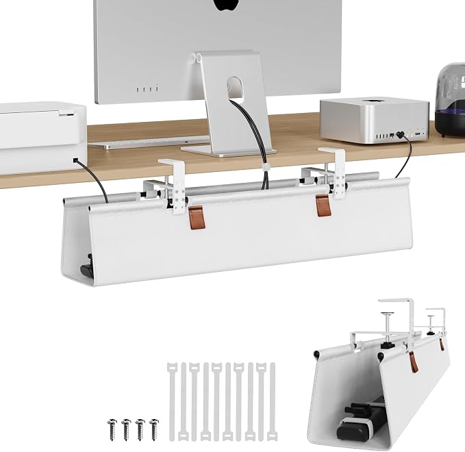 Zilink Under Desk Cable Management 30" No Drill Desk Cable Management Tray Clamp/Screw Mount Cable Tray Sturdy Waterproof Fabric Cord Organizer for Office, Home, White