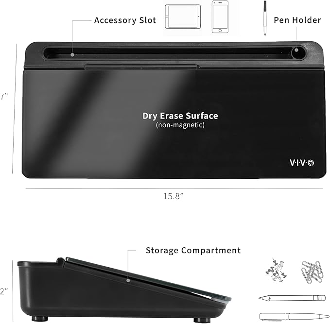 Vivo Glass 16 x 7 inch Dry Erase Board with Storage, Desktop Whiteboard Organizer with Hidden Compartments and Device Slot, Black, DESK-WB16B
