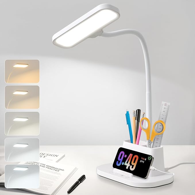 BOHON Desk Lamp for Home Office Reading Light with USB Charging Port White | Small Desk Lamps with Pen Holder, 5 Color Modes 5 Brightness, Touch Gooseneck LED Table Lamp for Dorm Room Essentials Study