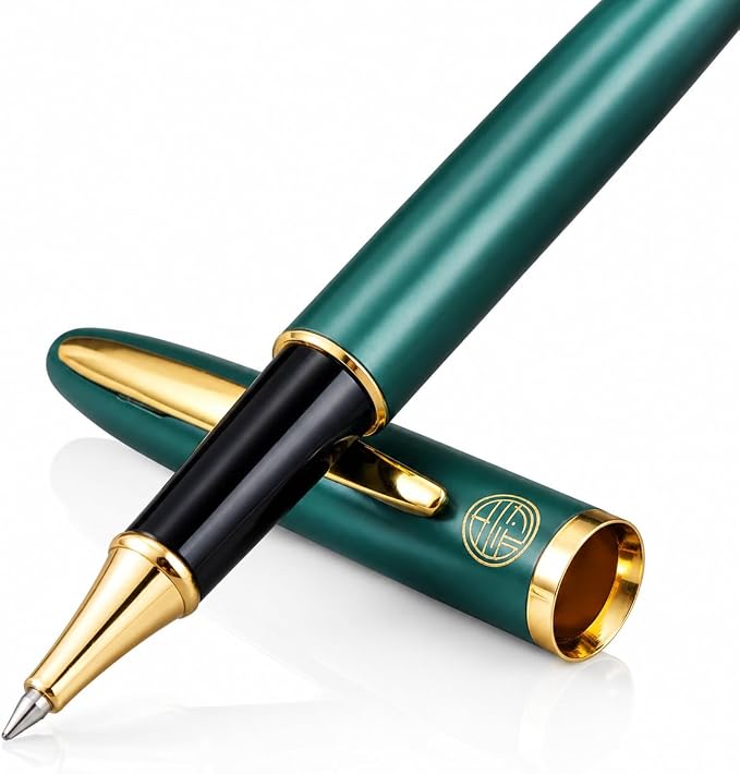 Luxury Gold Rollerball Pen, 24K gold-plated exquisite pen body, stylish and simple design, two ink refills, gift set for men and women, executive writing, office, graduation gift (Green)