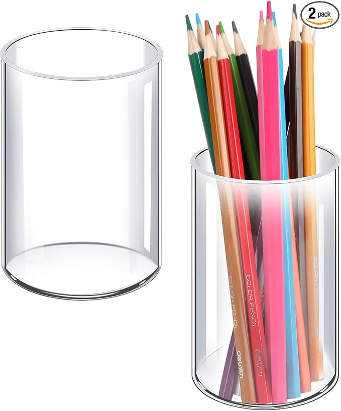 2-Pack Acrylic Pen Holder, Clear Desk Organizer | Clear Pen Cup, Versatile Storage For Office Vanity, Sturdy Cylinder Shape