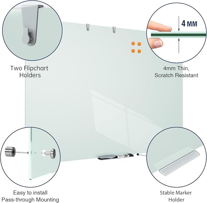 TSJ OFFICE Glass Dry-Erase Board - 48 x 36 Inches Wall Mounted Glass Whiteboard, Large Frameless Magnetic White Board for Office, Home & School, White