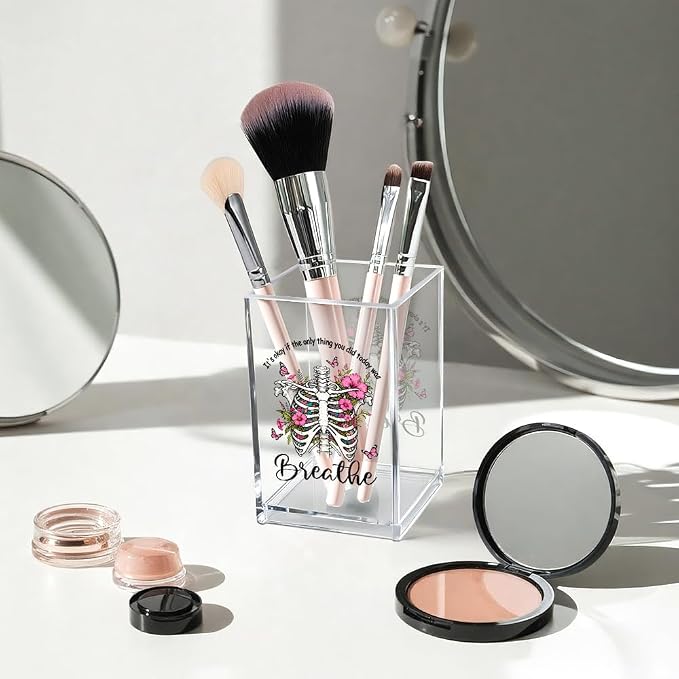 It's Okay Only Breathe Acrylic Cosmetic Pencil Pen Holder Cup, Skeleton Desk Organizer Accessories for Office, Inspirational Gifts for Women Girl Coworker Therapist Teacher Respiratory Doctor