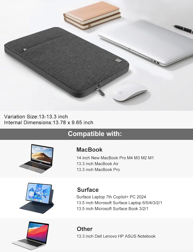 DOMISO Laptop Case Laptop Sleeve Cover Compatible with 14 inch MacBook Pro M4/M3/M2/M1 Pro/Max 2024-2021, Compatible with 13.3 inch HP Dell ASUS Notebook, Water-Resistant Bag with Pocket, Dark Grey