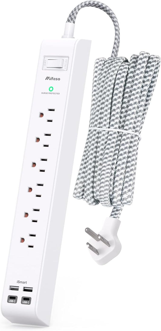 Surge Protector Power Strip 10 ft with 4 USB Ports 2 USB-C 6 AC Outlets, Flat Plug Extension Cord, USB Charging Station, Wall Mountable for Home, Office, Dorm Essentials, 1080J, ETL Listed