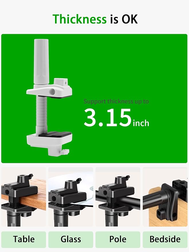 Desk Clamp Mount For Microphone Suspension Boom Scissor Arm Stand Holder, 5 Ways Boom Arm Insert Holes(12mm), Stable Installation on Tables/Beds up to 3.2 inches Thickness (White)