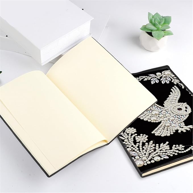 FRANDEK Pearl Painting Notebook Kit, Black and White Owl A5 DIY Journal with 50 Blank Pages, Diamond Gem Art Cover with Waterproof Canvas, Beginner Craft Set with Full Tools for Adults