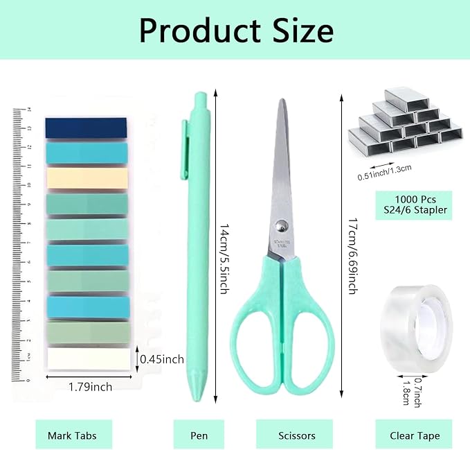 Office Supplies,Green Desk Accessories,Office Supplies Set,Stapler and Tape Dispenser Set,Scissors,Staple Remover,Binder Clips,Staples,Ballpoint Pen,Index Tabs with Ruler,Clear Tape.9pcs for Office