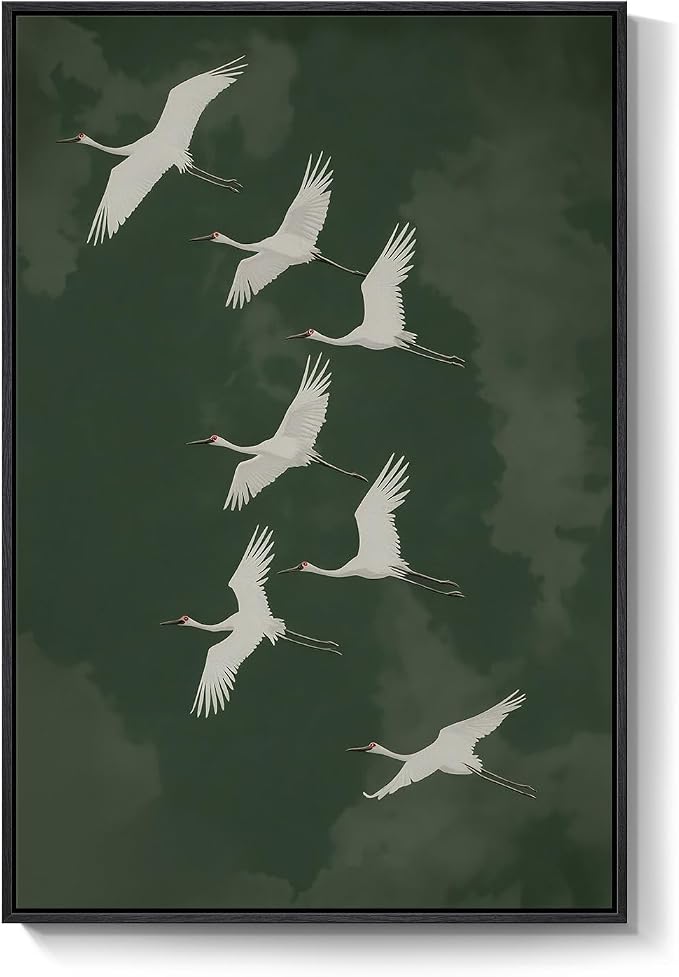 Large Framed Vintage Green Bird Wall Art for Living Room, Japanese Green Zen Asian Canvas Painting Prints Artwork for Walls, Minimalist Oriental White Crane Wall Art for Dining Room Hallway, 24x36