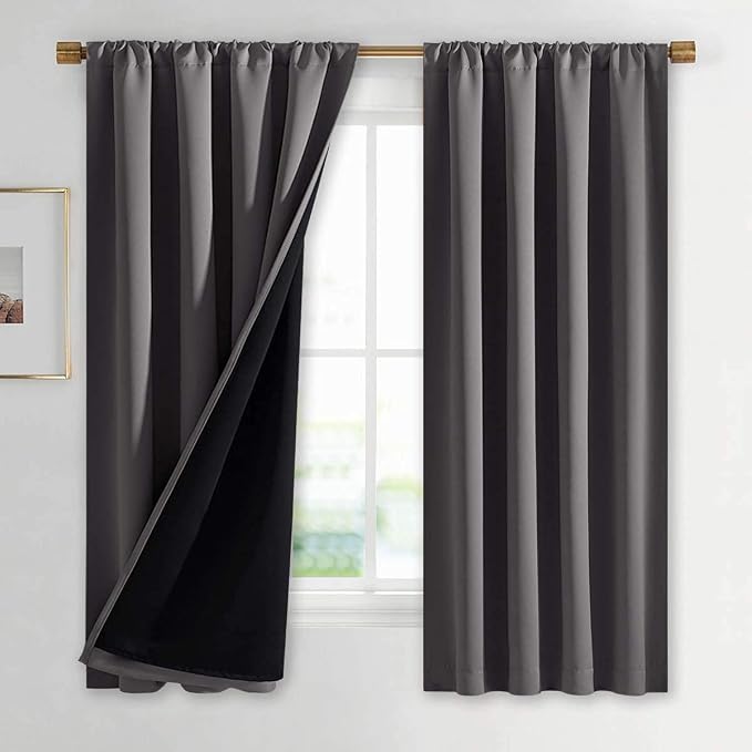 NICETOWN 100% Blackout Cold Blocking Curtains 63 inches Long, Soft Thermal Insulated Rod Pocket 2-Layer Lined Drapes, Energy Efficiency Window Draperies for Bedroom (Grey, 2 Panels, 42-inch W)