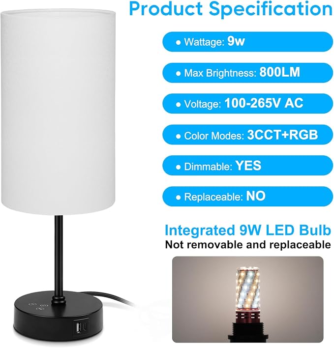Unicozin 17Inch Table Lamp, 3 CCT 3000K/4500K/6500K & RGB Color Changing, Stepless Dimmable Bedside Lamp for Reading, Ambience Nightstand Light for Home Decor Party, White Shade
