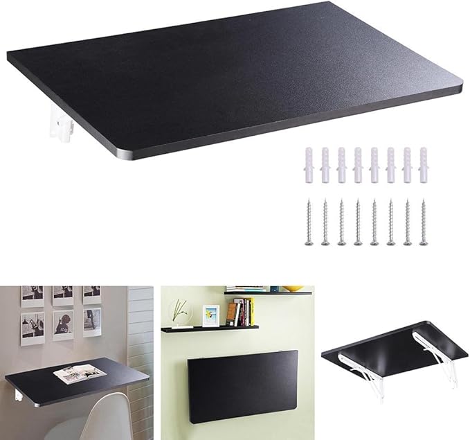 Yescom Wall Mounted Floating Folding Desk Wooden PC Dining Drop Leaf Table Workbench 24"x16" 50lbs Weight Capicity for Study Black
