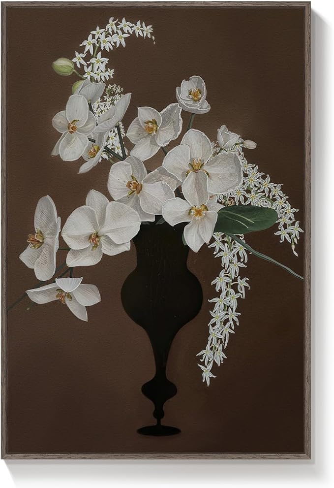 Framed Vintage Floral Vertical Wall Art, Retro White Orchid Flower Canvas Artwork for Kitchen, Classical Moody Dark Botanical Painting Prints for Bedroom Dining Room Living Room Bar Wall decor, 24x36
