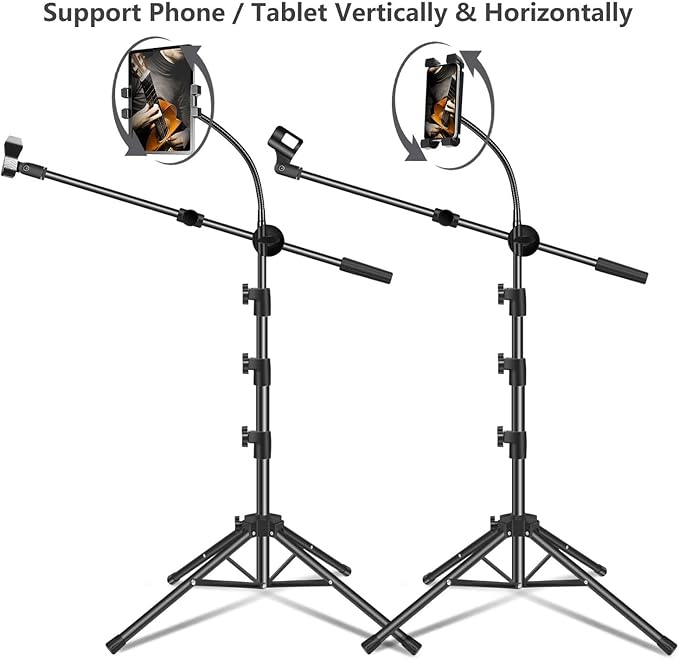 Mic Stand, Microphone Stand Floor Boom Mic Stand with Tablet Phone Holder Height Adjustable Four-legged Stand Gooseneck Boom Arm with 2 Mic Clips for Singing Stage Performance Party