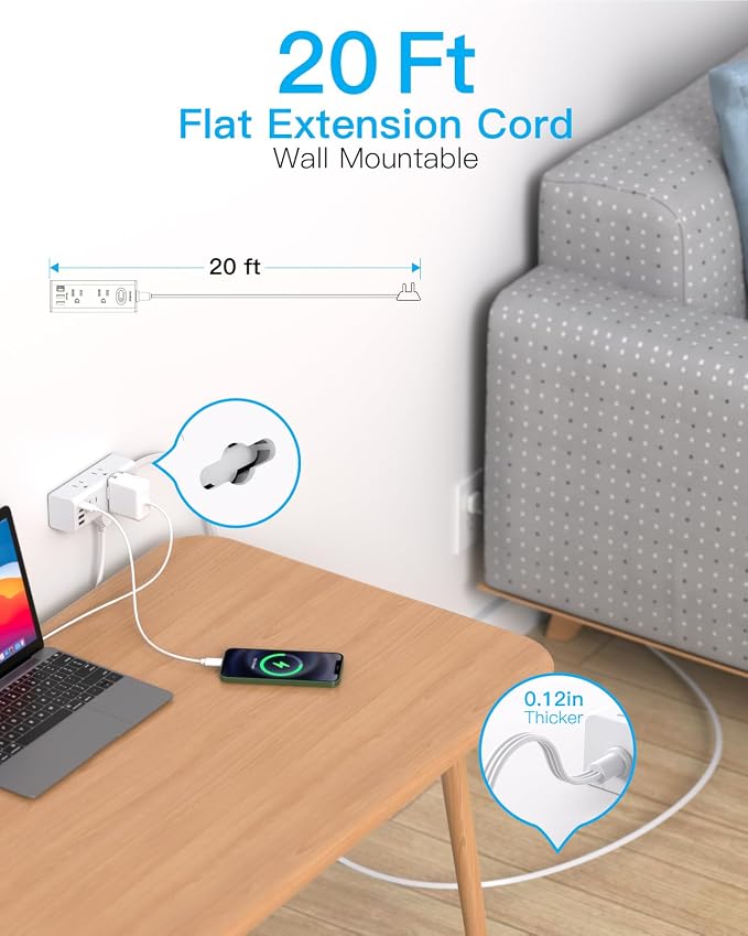 20Ft Extension Cord with Multiple Outlets, Flat Plug Power Strip Surge Protector with 20 Ft Long Cord, 6 Outlet 4 USB Ports (2 USB C), Multi Outlet Wall Plug for College, Dorm Room Essentials(White)