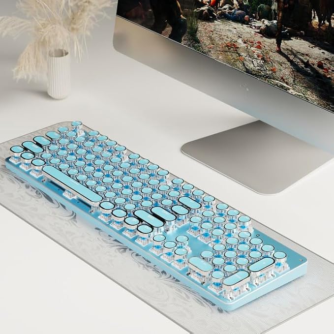 SEUNKWANG EWEADN TK950 Typewriter Keyboard Wireless Mechanical Keyboard, 104 Keys Aesthetic Typewriter Keyboards with White Backlit, Anti-Ghosting, Blue Switch Bluetooth/2.4GHz/Wired Keyboards-Blue