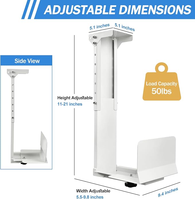 TooCust Heavy Duty Under Desk PC Mount & Full Tower PC Wall Mount - Adjustable Width 5.5" to 9.8", Height 11"-21" - Computer Tower Stand Under Desk & Standing Desk PC Mount, White